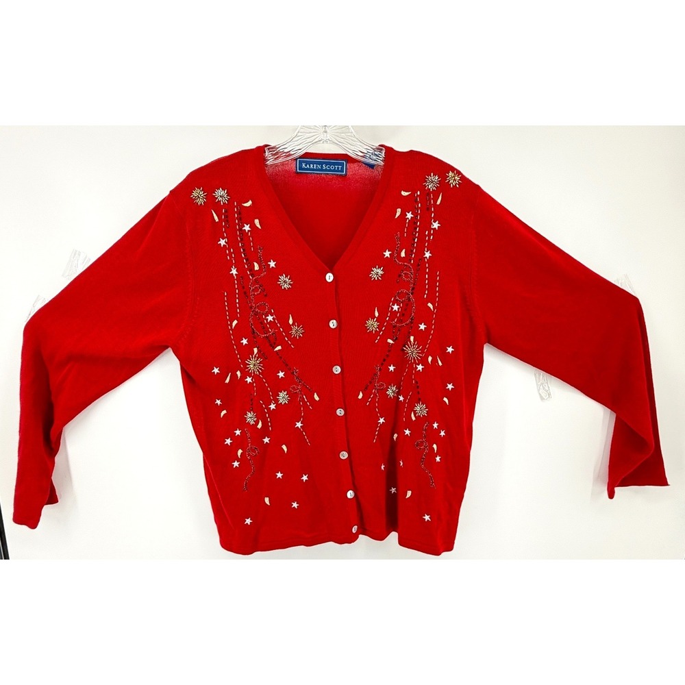 Karen Scott Red Beaded Star Embroidered Cardigan Sweater V-Neck Womens Large